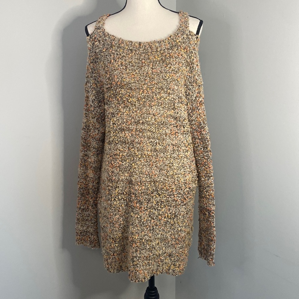 Umgee Boho Chunky Knit Cold Shoulder Sweater Tunic Oversized Small